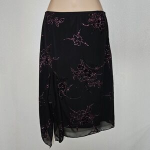 Obe Black Sparkle Floral Sheer Midi Skirt Side Ruffle